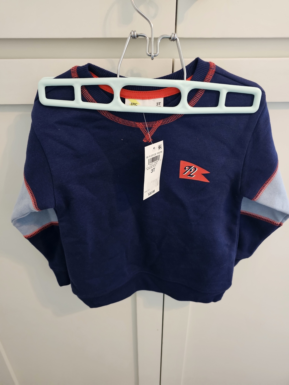 Epic Threads Navy Crewneck Sweatshirt with Light Blue Sleeves and Red Accents